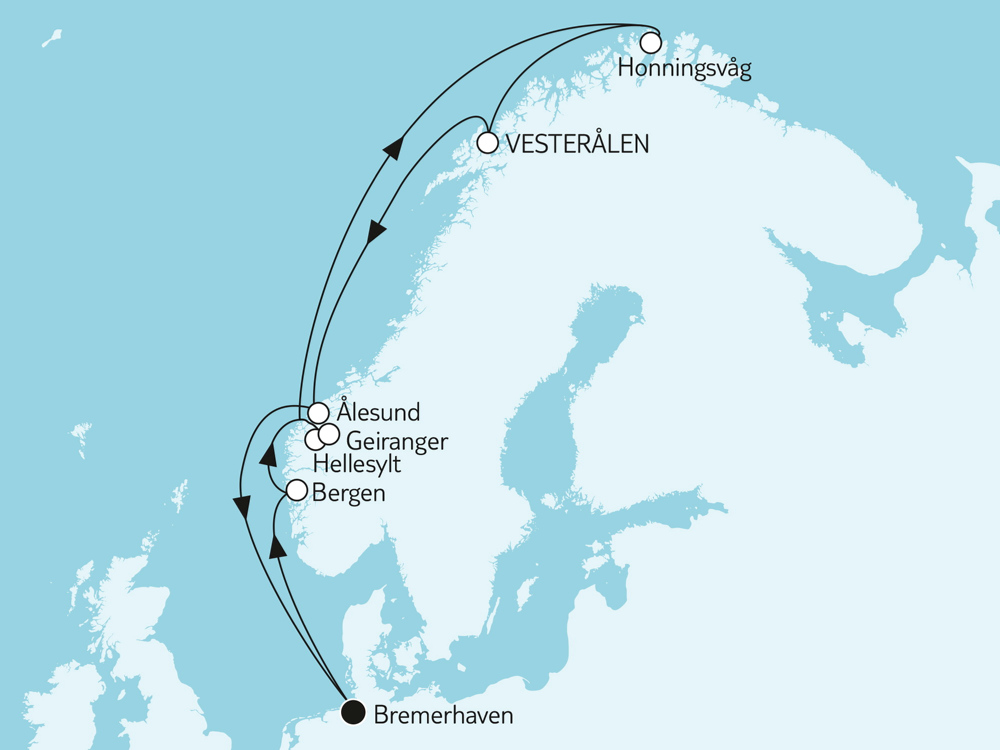Mein Schiff 3 Angebot der Woche Norwegen mit Nordkap & Bergen - Routenbild